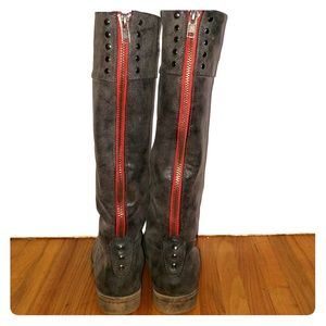 Grey knee high boots